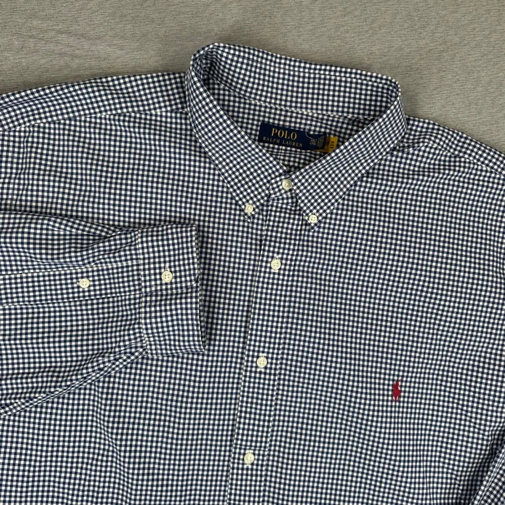 Polo Ralph Lauren Shirt Mens 4XLT Navy White Gingham Check Stretch Button Down
